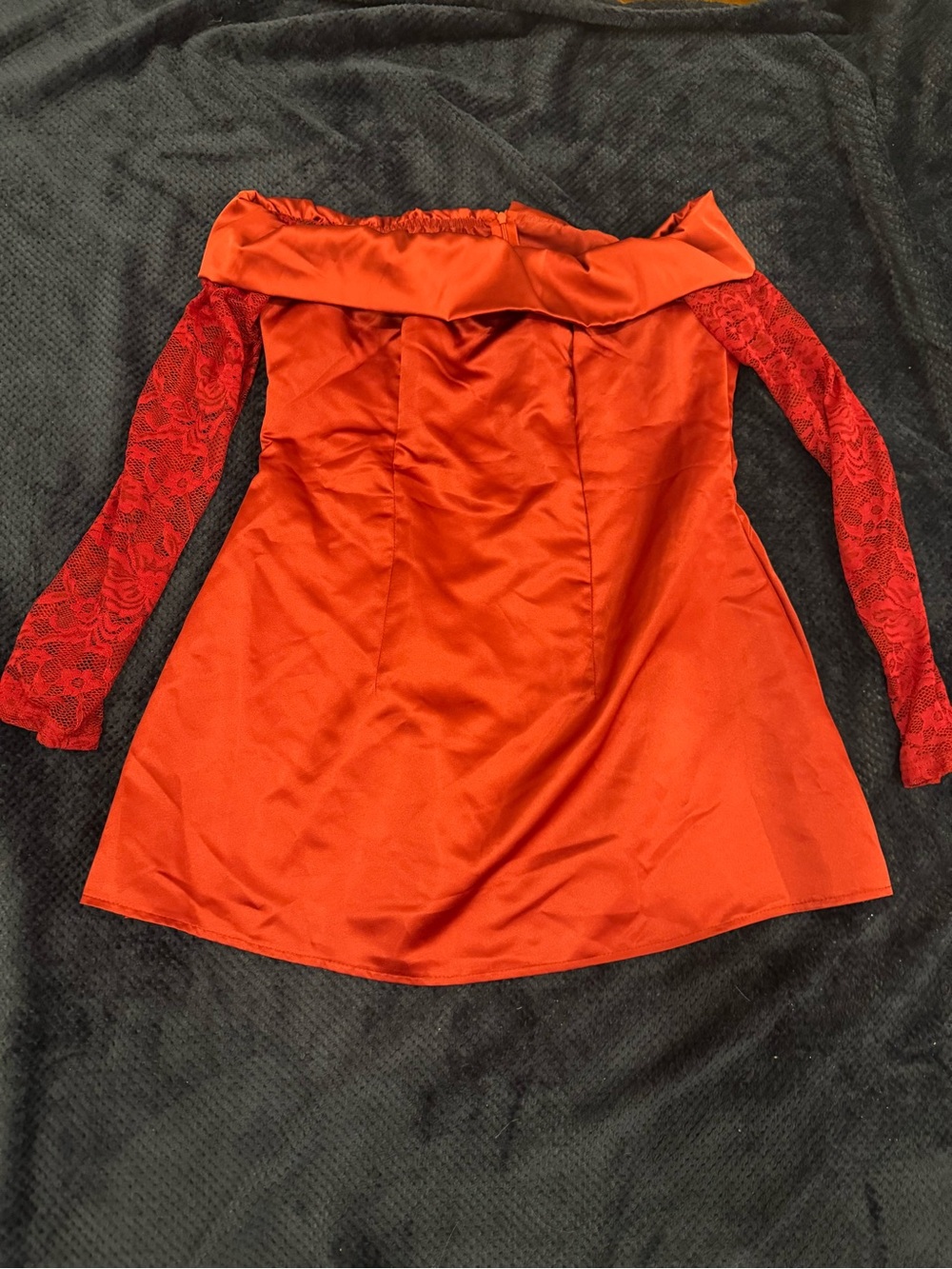 SHEIN Bordeaux Red Satin Off-Shoulder Dress with Lace Sleeves